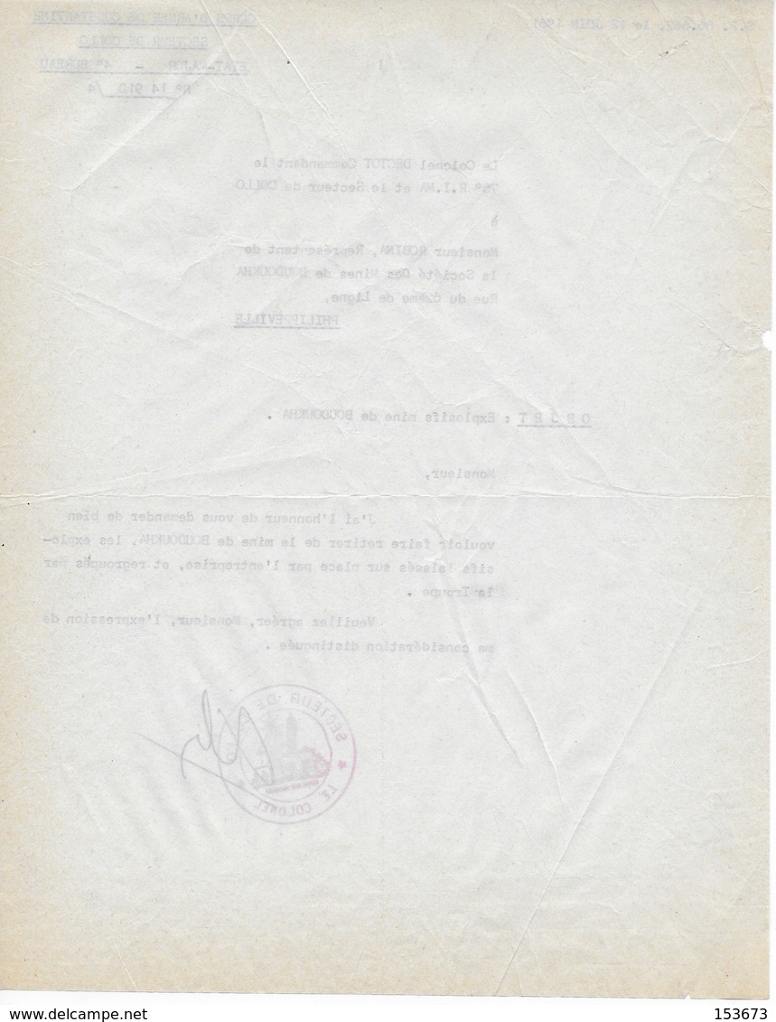 Lettre 1961 Du Colonel DECTOT Commandant 75ème R.I.Ma à Collo ALGERIE Mines De BOUDOUKHA - Documents