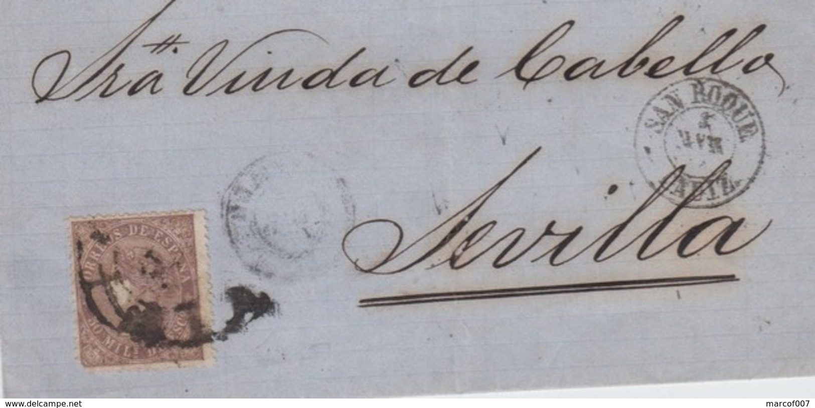 LETTRE DE SAN ROQUE - CADIZ VERS SEVILLE - 1869 - Storia Postale