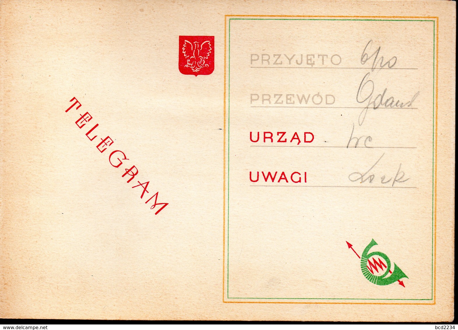 POLAND 1950 TELEGRAM LARGE FORMAT BIRD CARRYING BASKET FLOWERS WIRES USED LX2 TÉLÉGRAMME TELEGRAMM TELEGRAMA TELEGRAMMA - Sonstige & Ohne Zuordnung