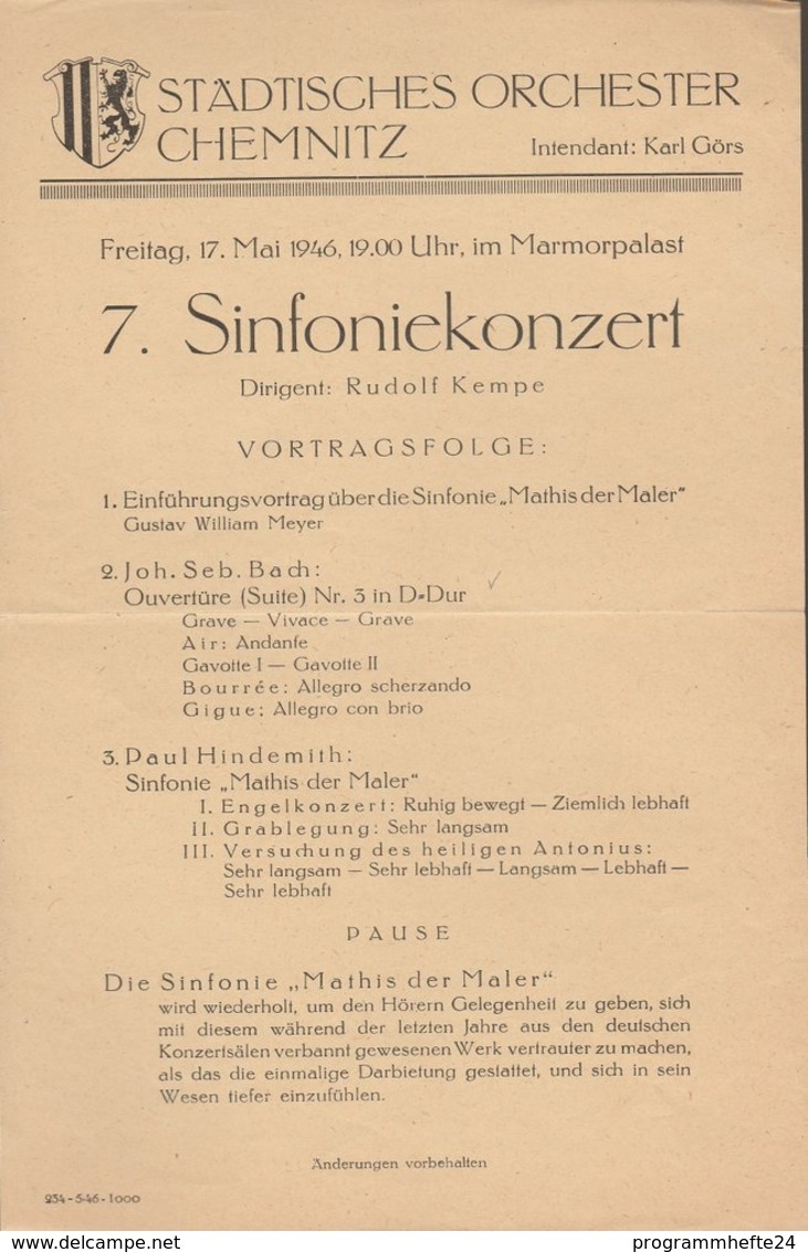 Theaterzettel 7. Sinfoniekonzert Städtisches Orchester Chemnitz 1946 - Programs
