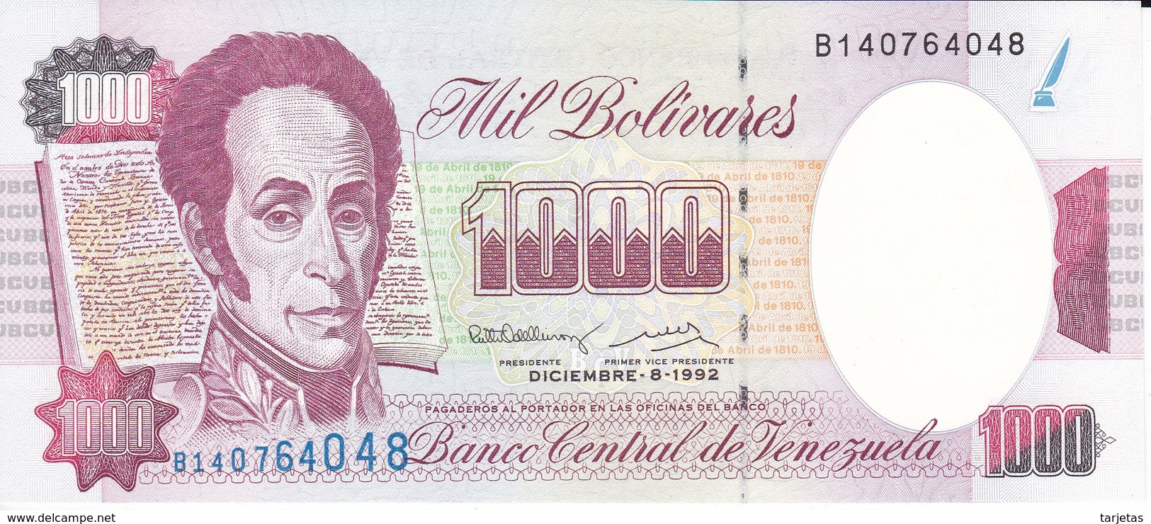 BILLETE DE VENEZUELA DE 1000 BOLIVARES DEL AÑO 1992 SIN CIRCULAR  (BANKNOTE) UNCIRCULATED - Venezuela