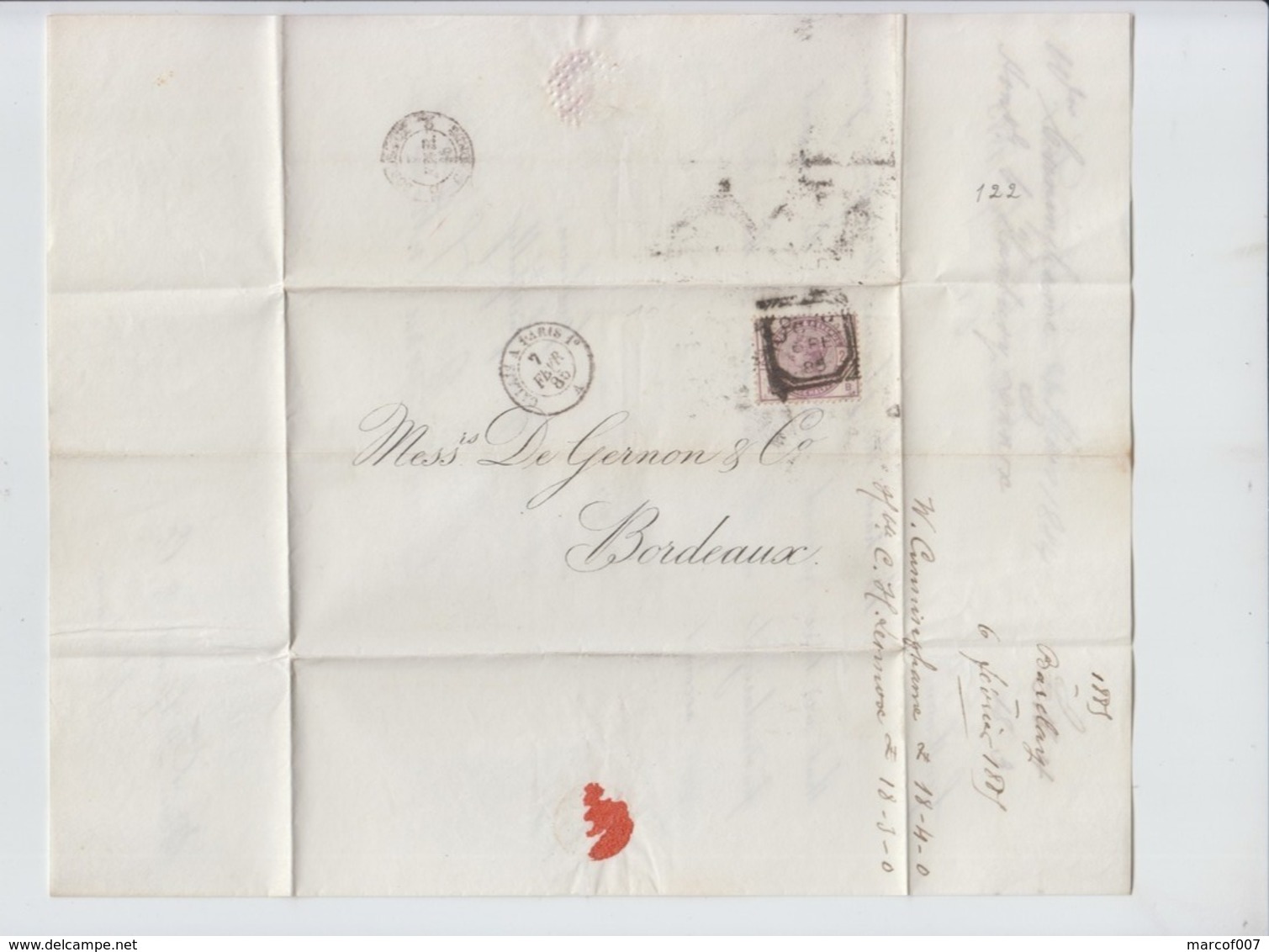 LETTER FROM LONDON TO BORDEAUX - 1885 - AMBLT CALAIS/PARIS - Storia Postale