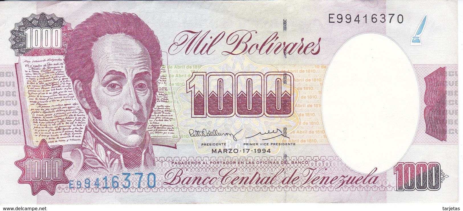 BILLETE DE VENEZUELA DE 1000 BOLIVARES DEL 17 MARZO 1994 CALIDAD EBC (XF)  (BANKNOTE) - Venezuela