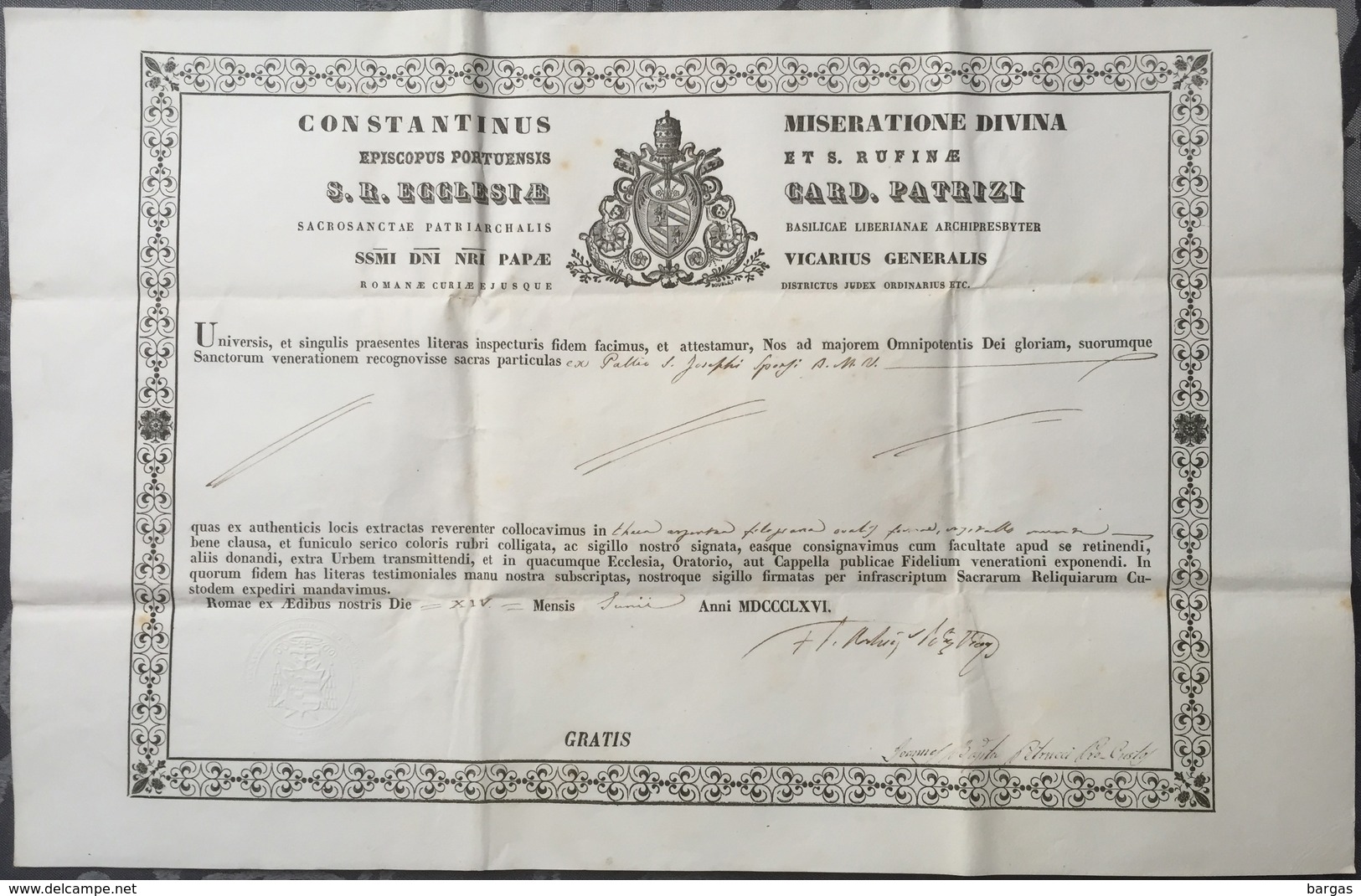 1866 Certificat De Reliquaire Relique - Religion & Esotérisme