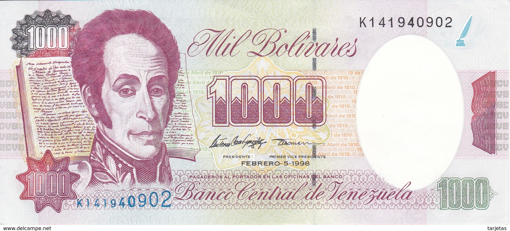 BILLETE DE VENEZUELA DE 1000 BOLIVARES DEL 5 DE FEBRERO 1998 SIN CIRCULAR  (BANKNOTE) UNCIRCULATED - Venezuela