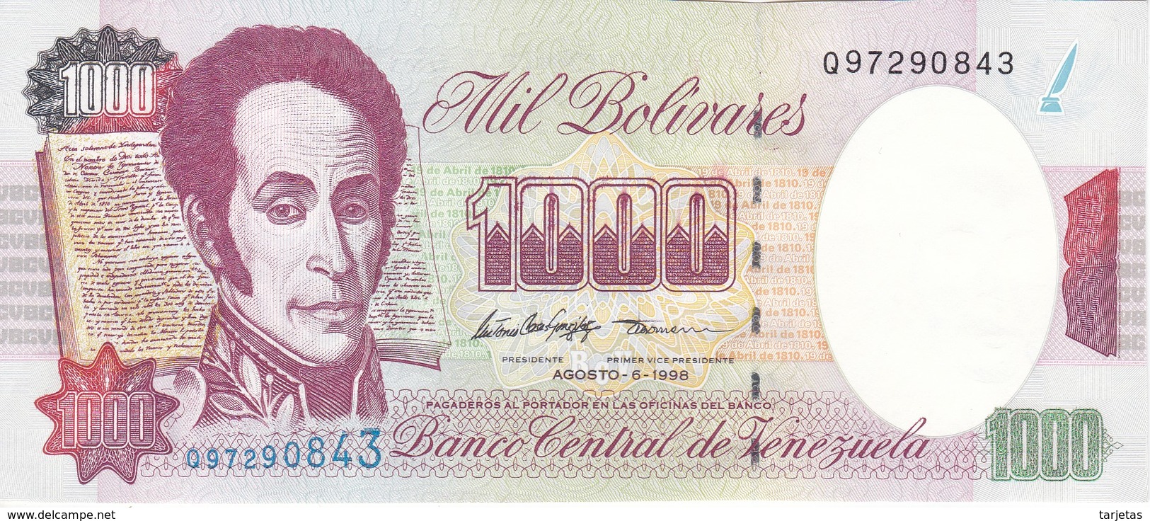 BILLETE DE VENEZUELA DE 1000 BOLIVARES DEL 6 DE AGOSTO 1998 SIN CIRCULAR  (BANKNOTE) UNCIRCULATED - Venezuela