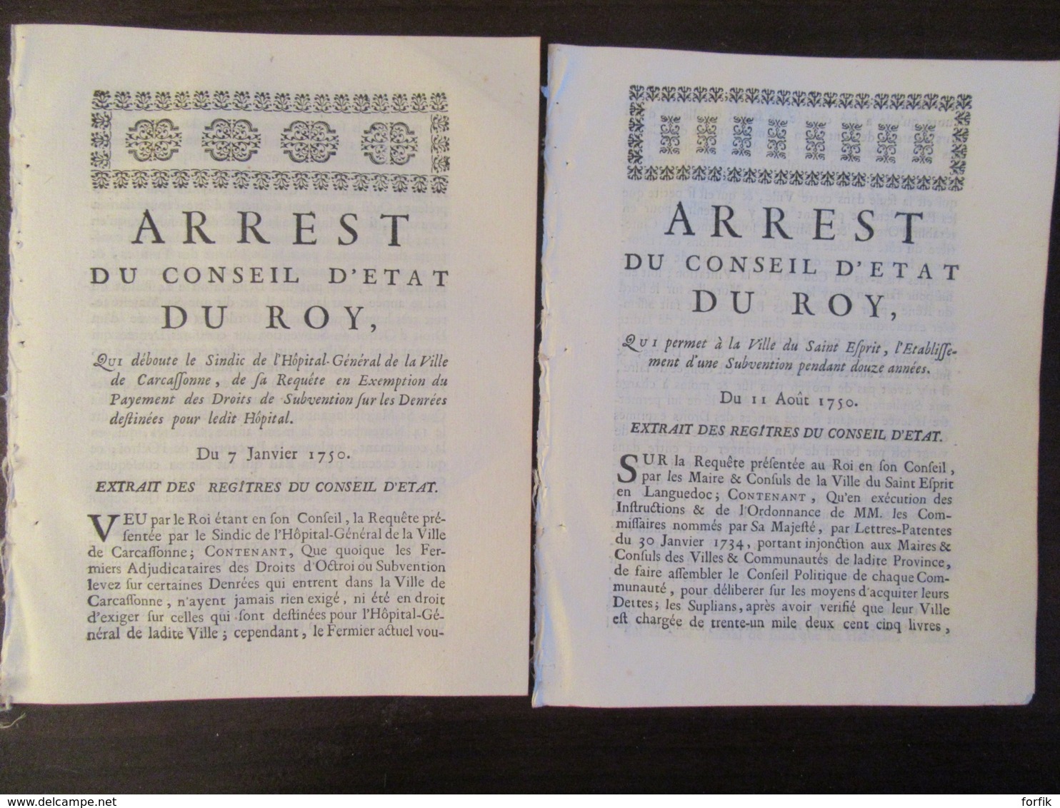 Epoque Louis XV - 2 Documents Anciens - Arrest Du Conseil D'Etat Du Roy / Roi - 7 Janvier Et 11 Août 1750 - Historical Documents