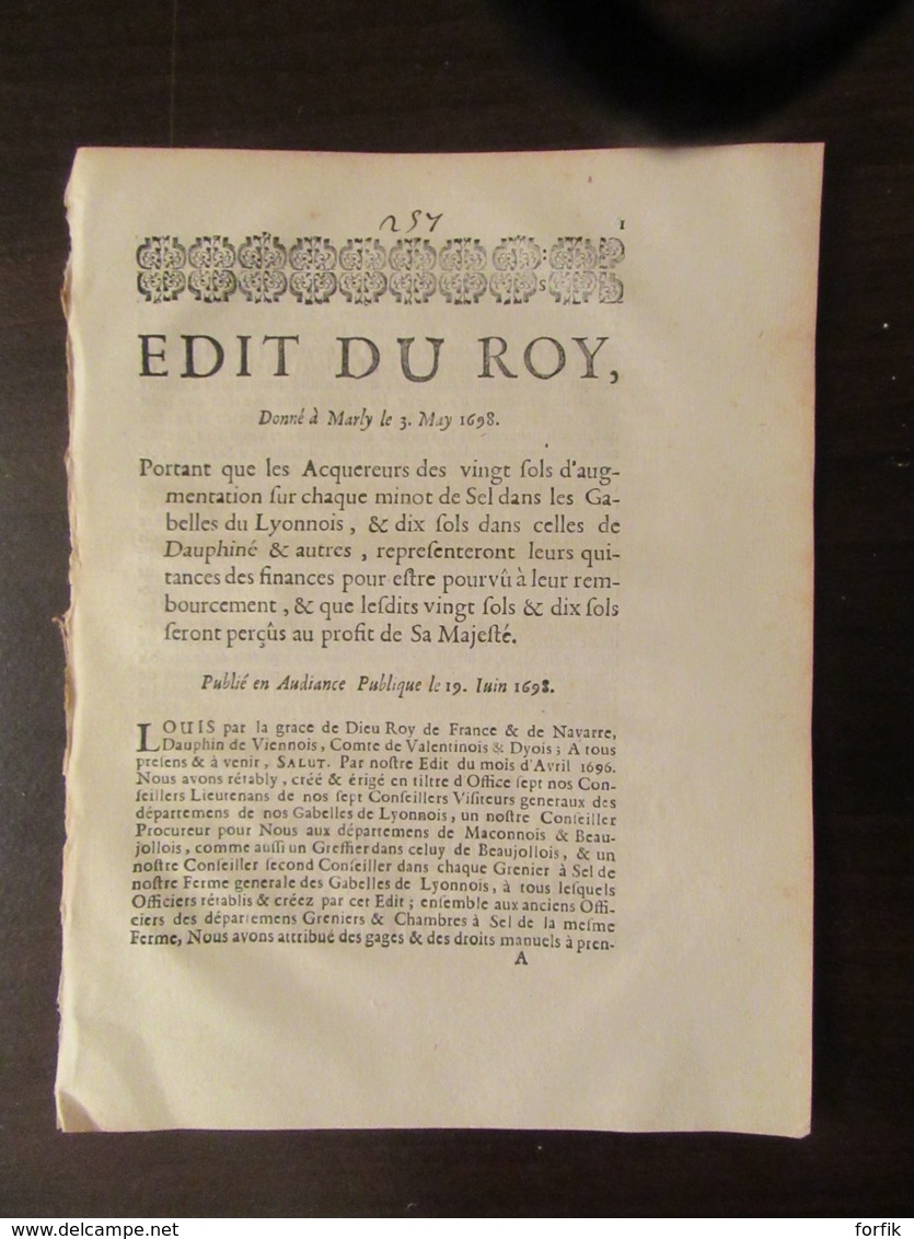 Epoque Louis XV - Documents Anciens Dont Edit Et Déclaration Du Roy, Notamment Pour Le Dauphiné - 1698 - Documentos Históricos