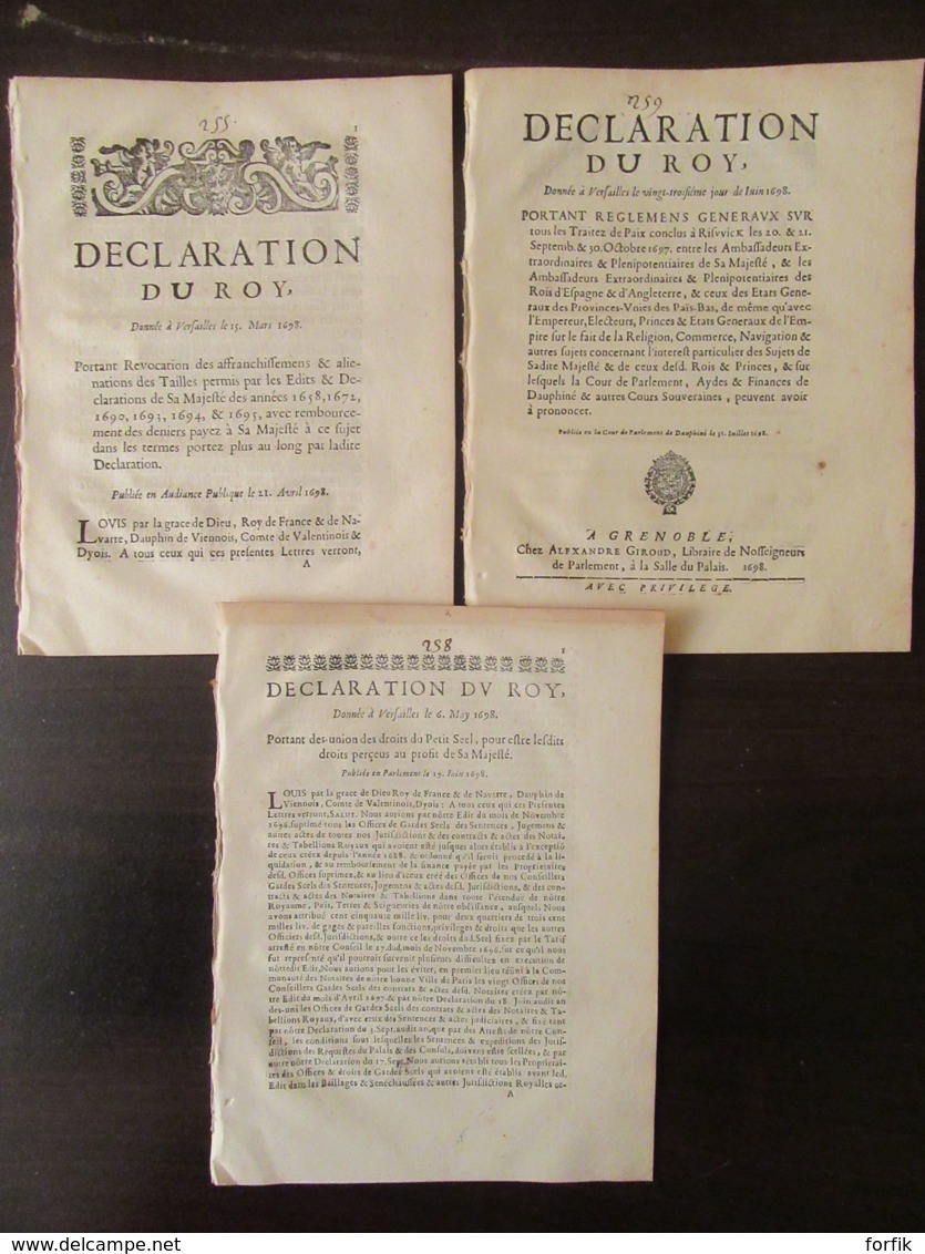 Epoque Louis XV - Documents Anciens Dont Edit Et Déclaration Du Roy, Notamment Pour Le Dauphiné - 1698 - Historische Dokumente