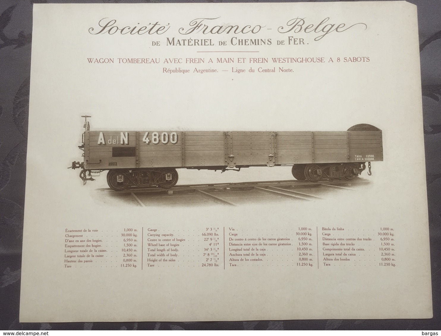 Affiche - Planche Train FRANCO BELGE DE MATERIEL DE CHEMINS DE FER Pour Ligne Du Central Norte Argentine - Chemin De Fer