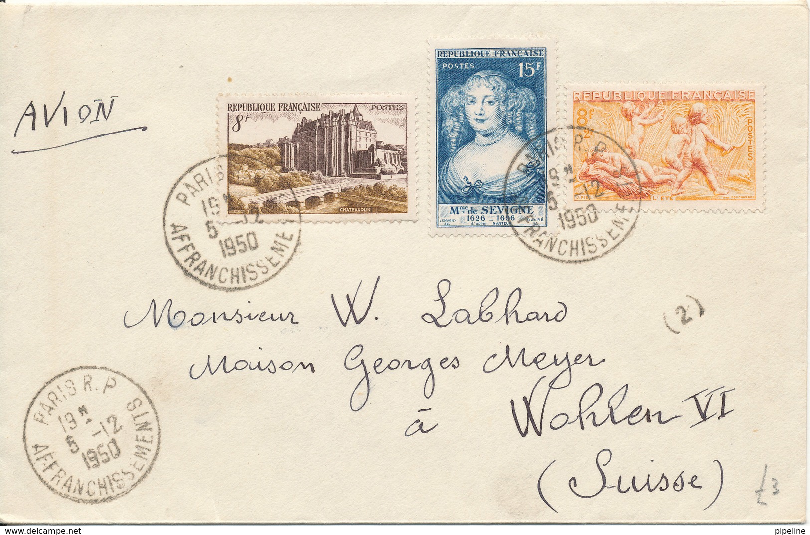 France Cover Sent Air Mail To Switzerland 5-12-1950 Nice Franking - Lettres & Documents