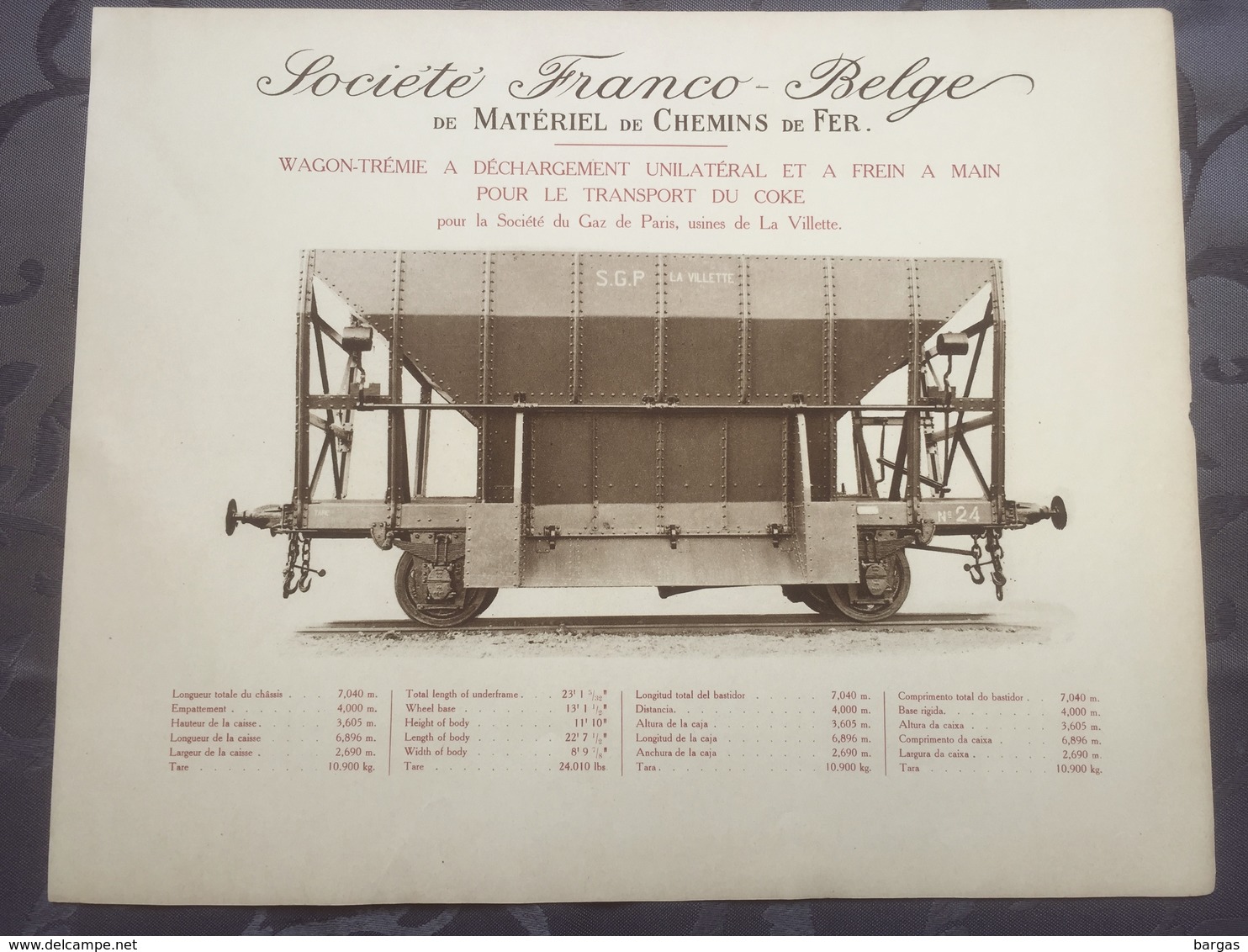 Affiche - Planche Train FRANCO BELGE DE MATERIEL DE CHEMINS DE FER Pour Gaz De Paris Usine De La Vilette - Spoorweg