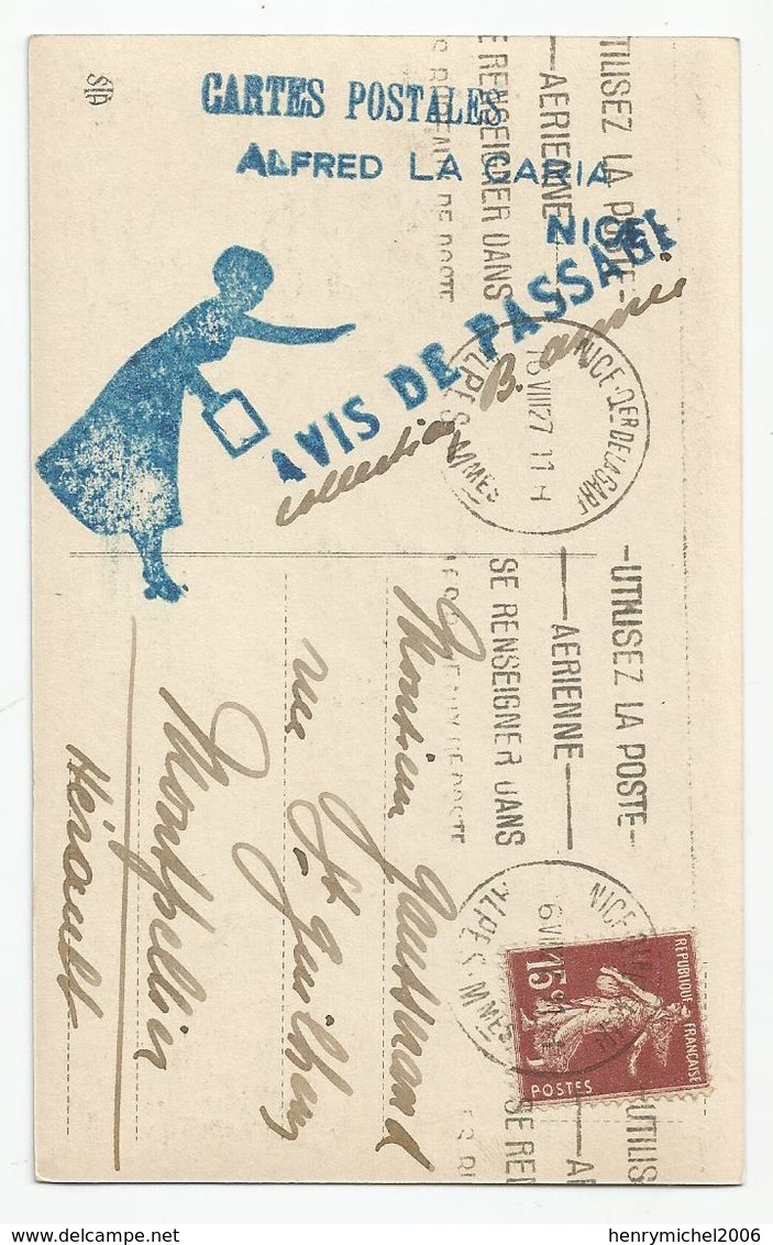 Cpa Pub Publicité Cachet Avis De Passage Representant Cartes Postales Alfred La Caria Nice Pour Montpellier 1927 - Pubblicitari