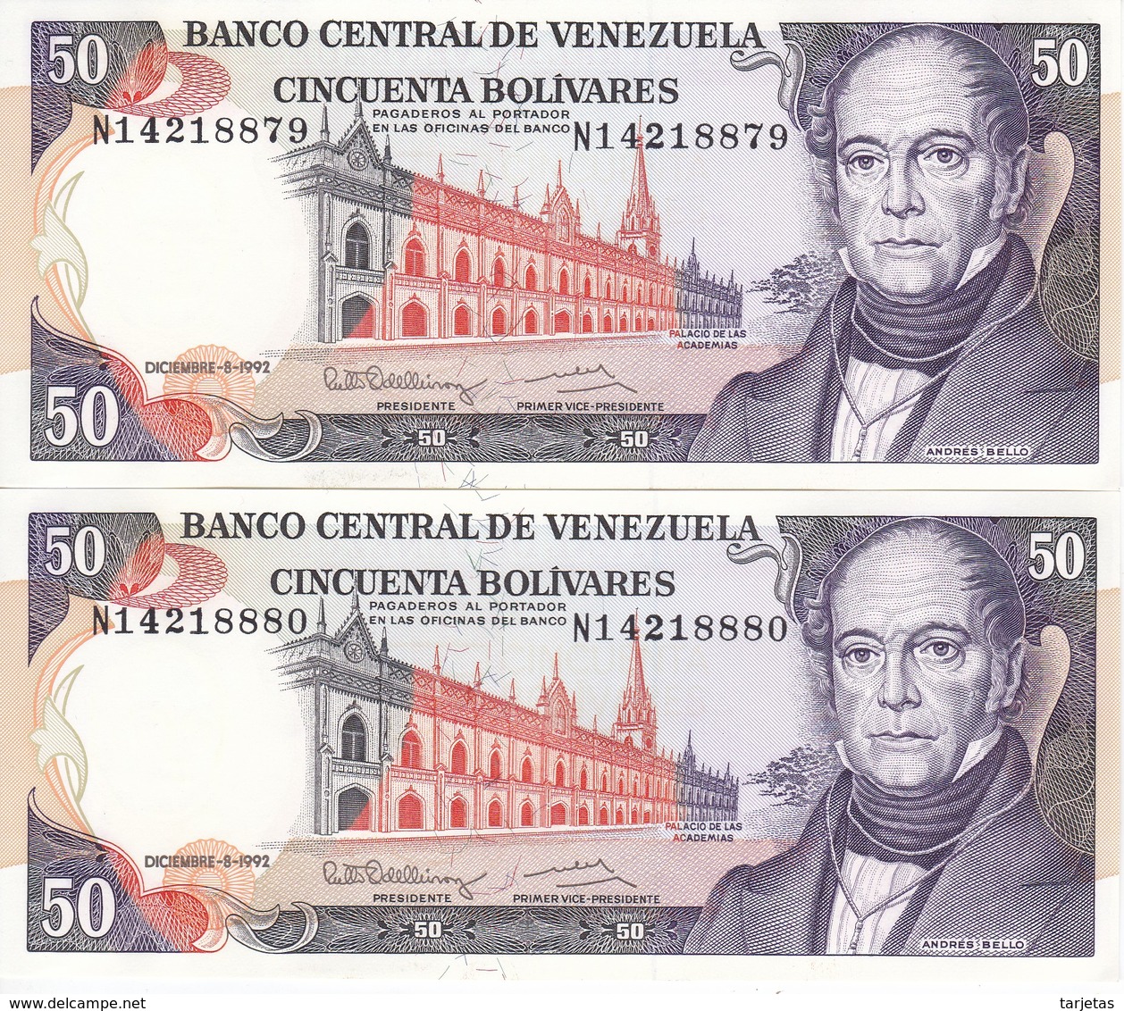 PAREJA CORRELATIVA DE VENEZUELA DE 50 BOLIVARES DEL AÑO 1992 SIN CIRCULAR  (BANKNOTE) UNCIRCULATED - Venezuela