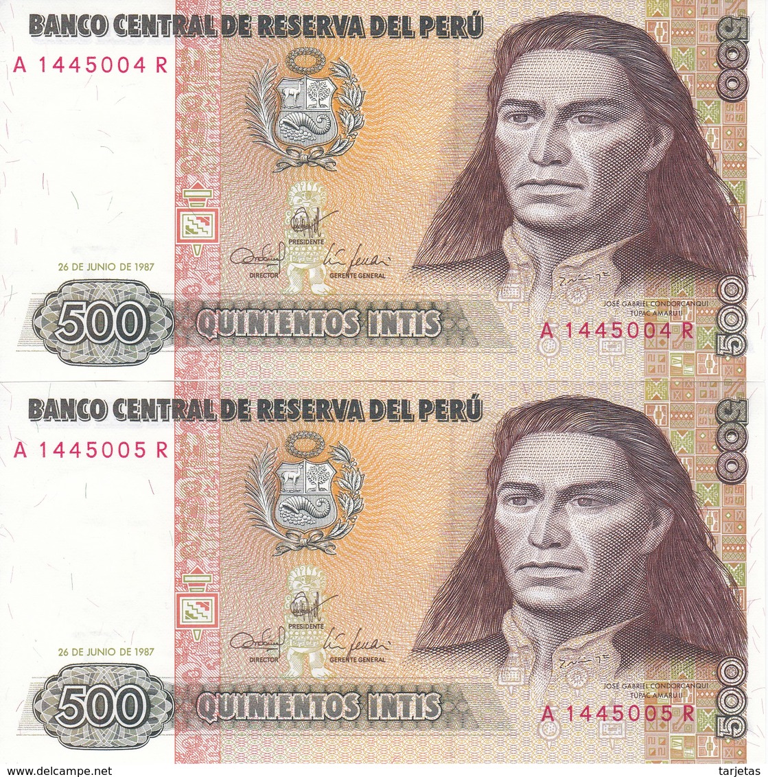 PAREJA CORRELATIVA DE PERU DE 500 INTIS DEL AÑO 1987 (BANKNOTE) SIN CIRCULAR-UNCIRCULATED - Peru