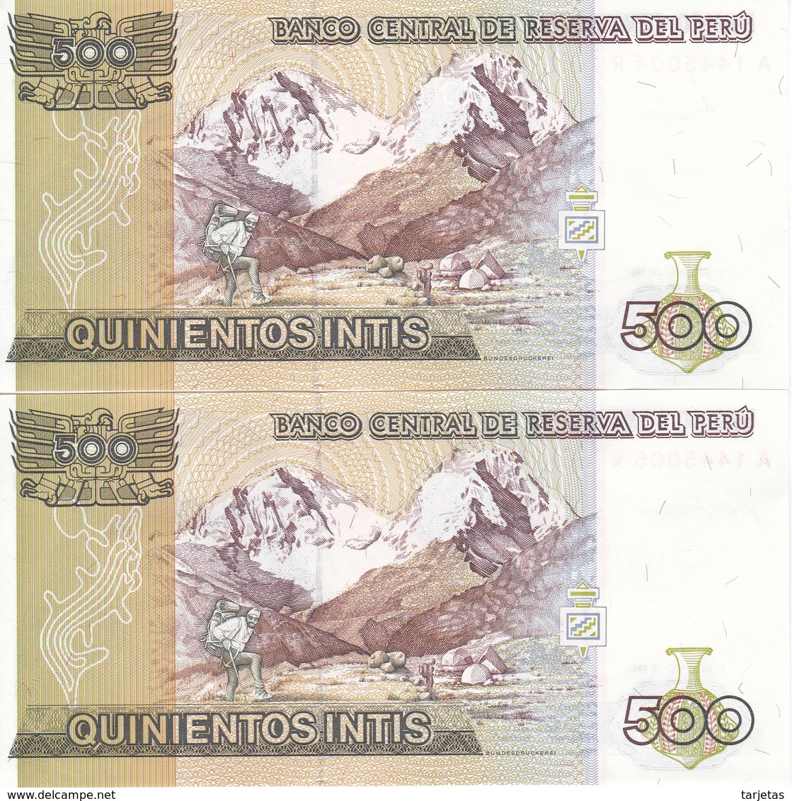 PAREJA CORRELATIVA DE PERU DE 500 INTIS DEL AÑO 1987 (BANKNOTE) SIN CIRCULAR-UNCIRCULATED - Perú