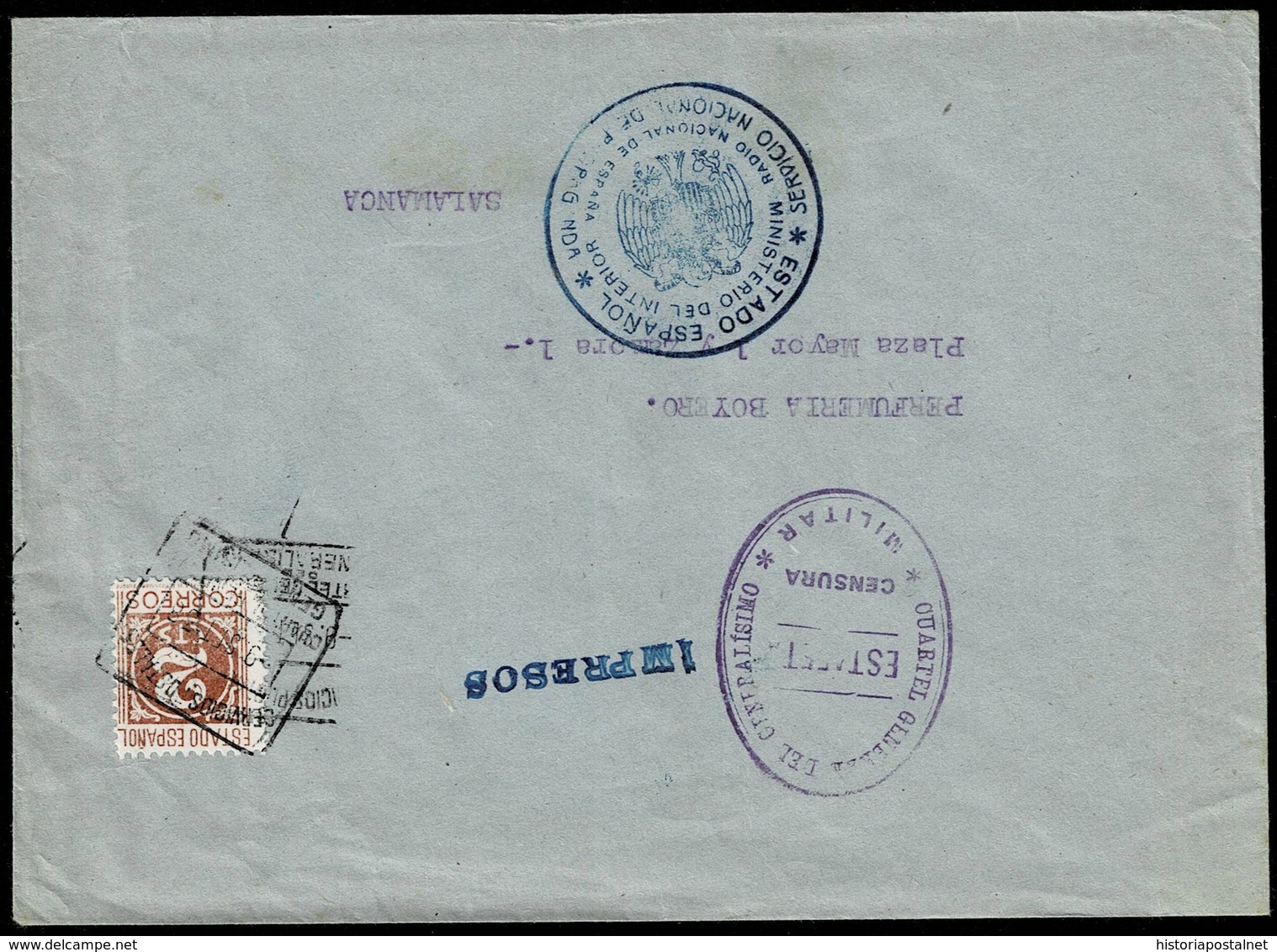 GUERRA CIVIL. 1938. SALAMANCA. 2 CTS. TARIFA IMPRESOS MAT. SERVICIOS POSTALES CUARTEL GENERAL Y FRANQ. VIOLETA AZUL. - Brieven En Documenten