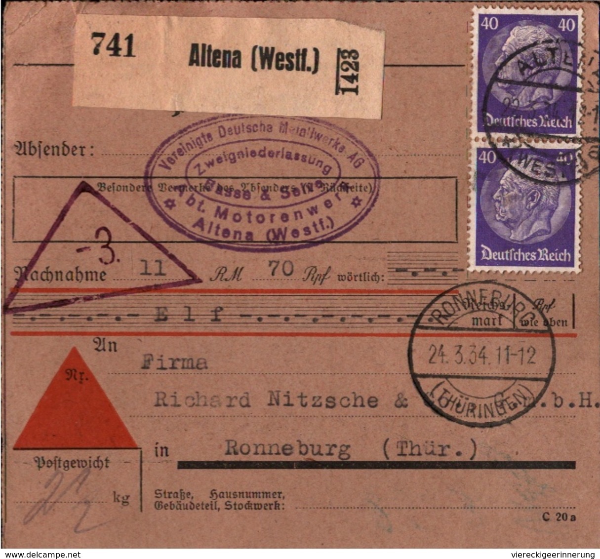 ! 1934 Nachnahme Paketkarte Deutsches Reich Aus Altena Nach Ronneburg - Briefe U. Dokumente