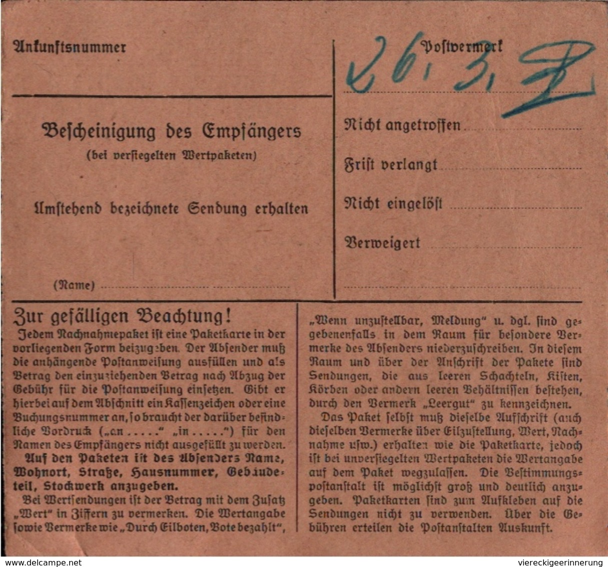 ! 1934 Nachnahme Paketkarte Deutsches Reich Aus Altena Nach Ronneburg - Briefe U. Dokumente