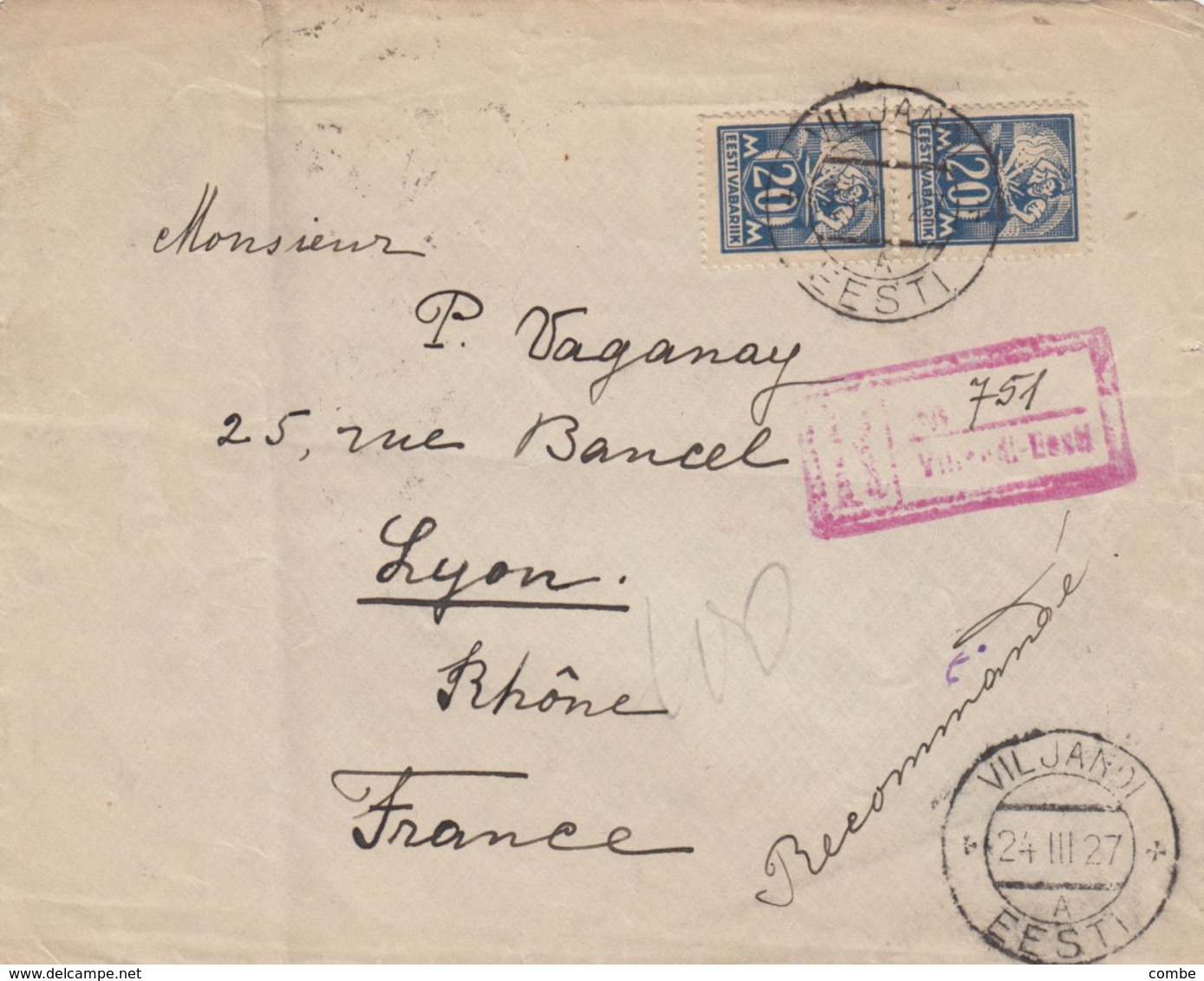 FRONT COVER . REGISTERED 24 3 1927. VILJANDI TO FRANCE - Estonia