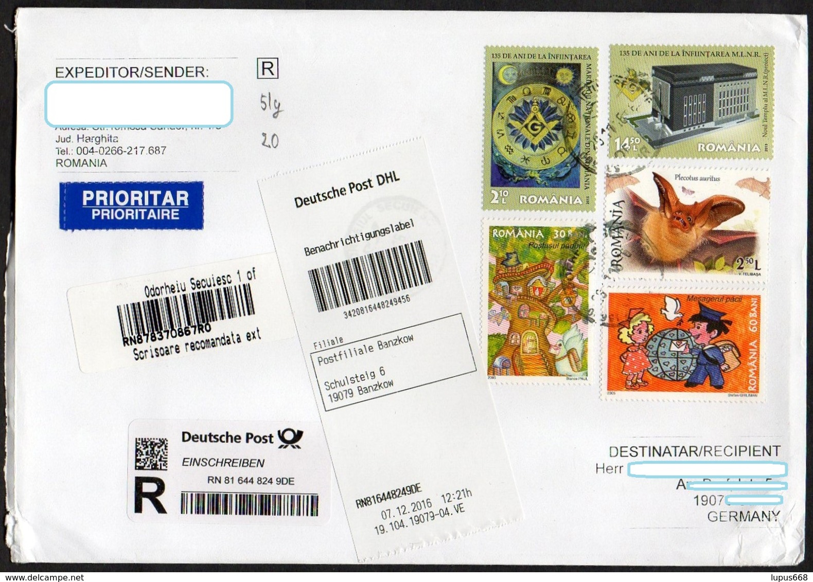 Rumänien 2005 - 2016 R- Brief/ Letter/ Lettre  Europa ,  U.a. MiNr. 6962/ 6963 Freimaurer  Format/ Size 23x16cm ! - Briefe U. Dokumente