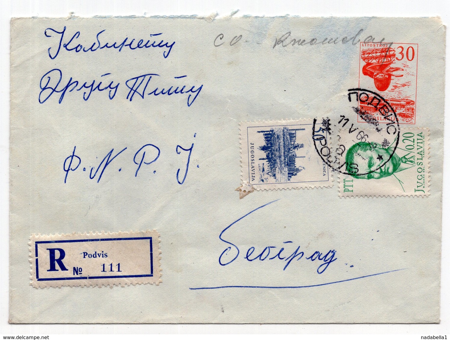 1966 YUGOSLAVIA, SERBIA, PODVIS, REGISTERED STATIONARY COVER, USED - Postal Stationery