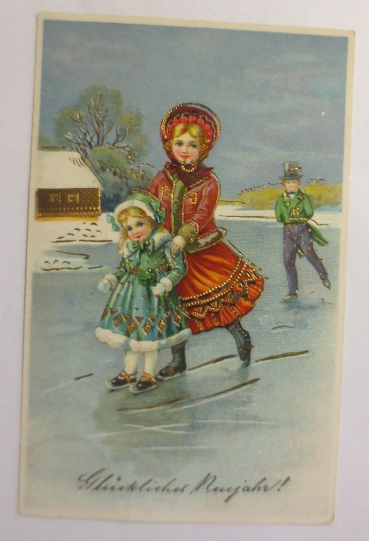 Neujahr, Kinder, Mode, Eislaufen,  1915, Golddruck  ♥ (56636)  - Neujahr