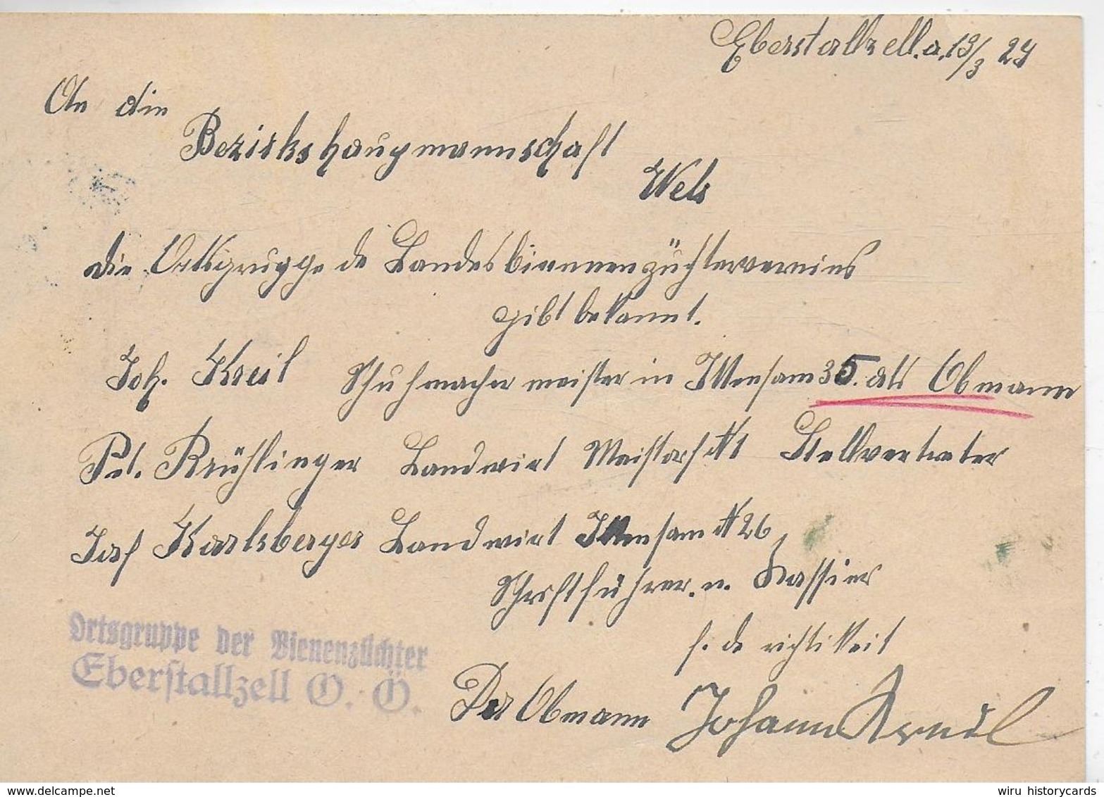 AK 0405  Bildpostkarte " Eisemstadt "  Von Eberstallzell An Die BH Wels Um 1924 - Briefe U. Dokumente