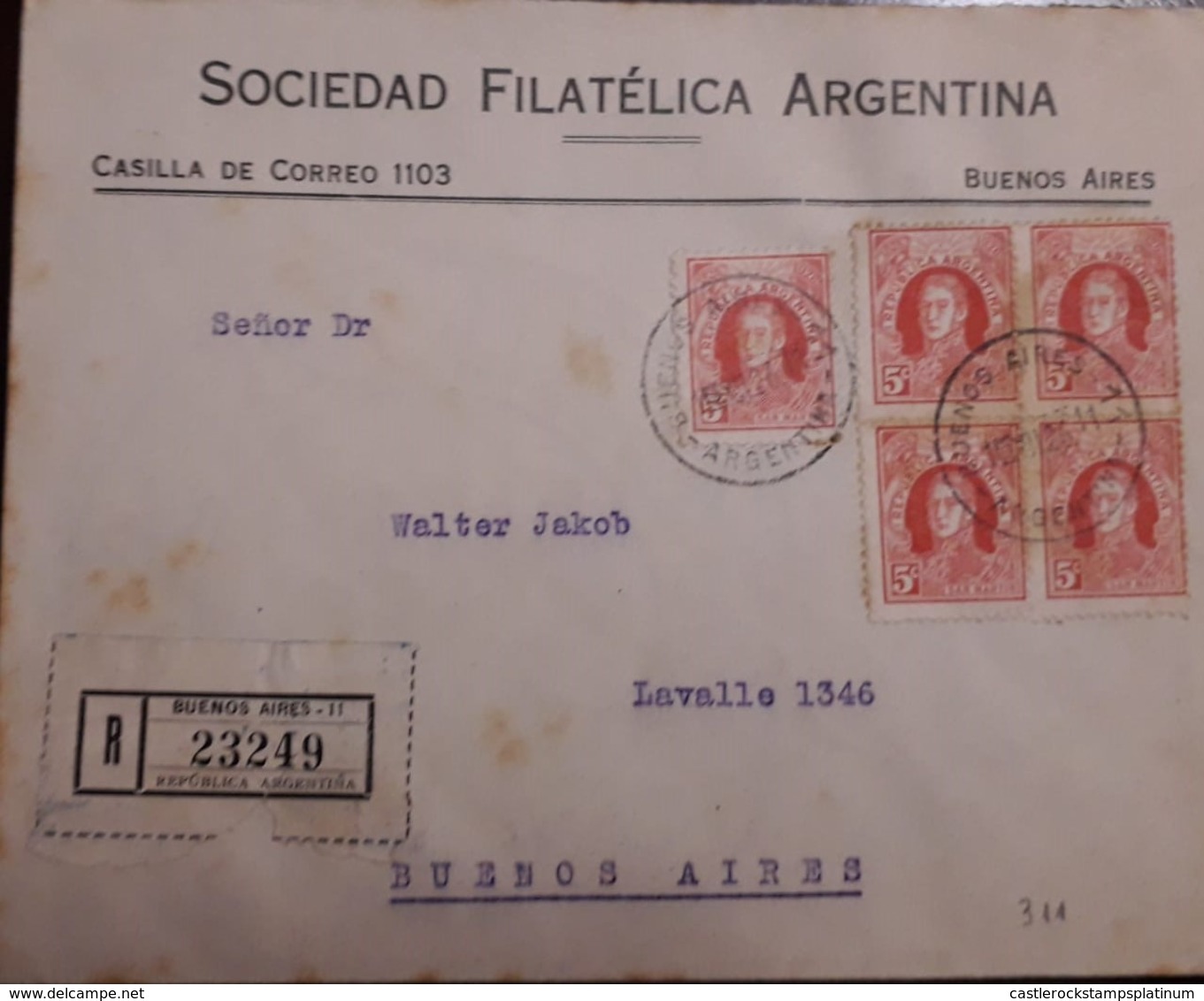 O) 1926 ARGENTINA, SAN MARTIN SC 359 SC 5c, SOCIEDAD FILATELICA ARGENTINA, REGISTERED TO LAVALLE, XF - Covers & Documents
