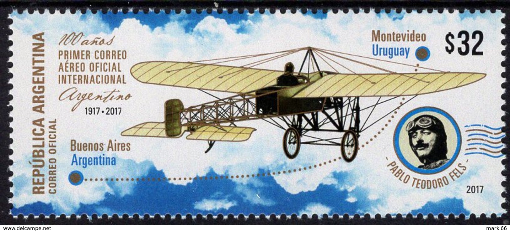 Argentina - 2017 - Centenary Of First International Airmail Link - Mint Stamp - Nuevos