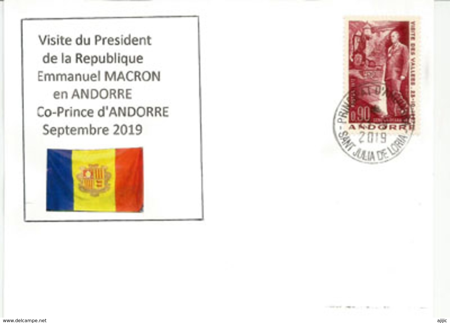 Visite Du President Macron,Co-Prince D'Andorre, Septembre 2019.,au Dos General De Gaulle, Co-Prince, Avec Cachet Andorre - Briefe U. Dokumente