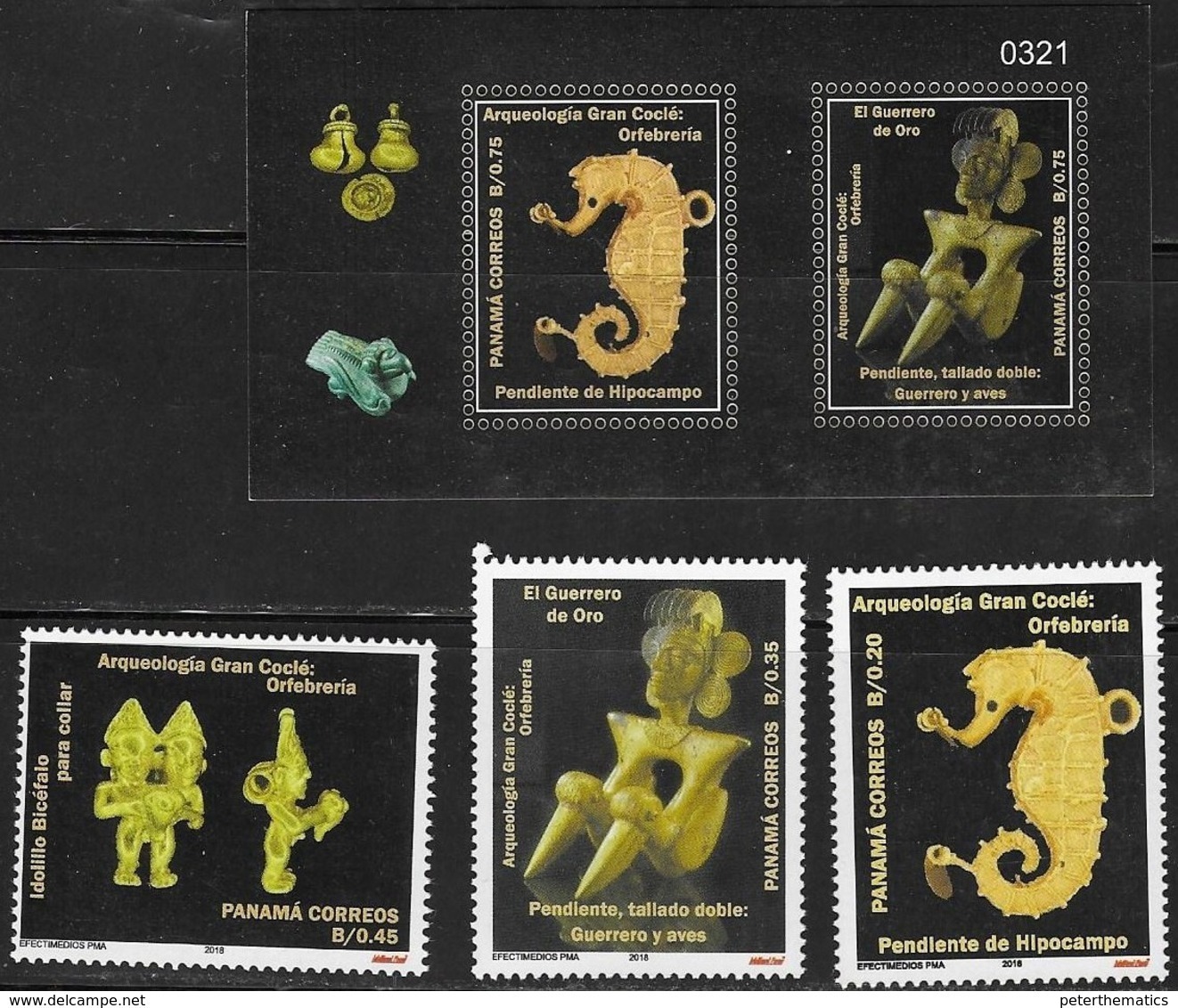 PANAMA, 2018, MNH,ARCHAEOLOGY, GOLD ARTIFACTS, SEAHORSES, WARRIORS, BIRDS, 3v+SHEETLET - Archaeology