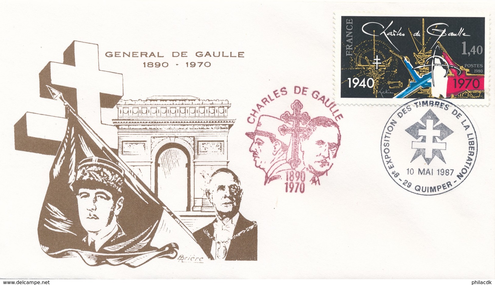 FRANCE - ENVELOPPE 9EME EXPOSITION DES TIMBRES DE LA LIBERATION 10 MAI 1987 QUIMPER GENERAL DE GAULLE - 2. Weltkrieg