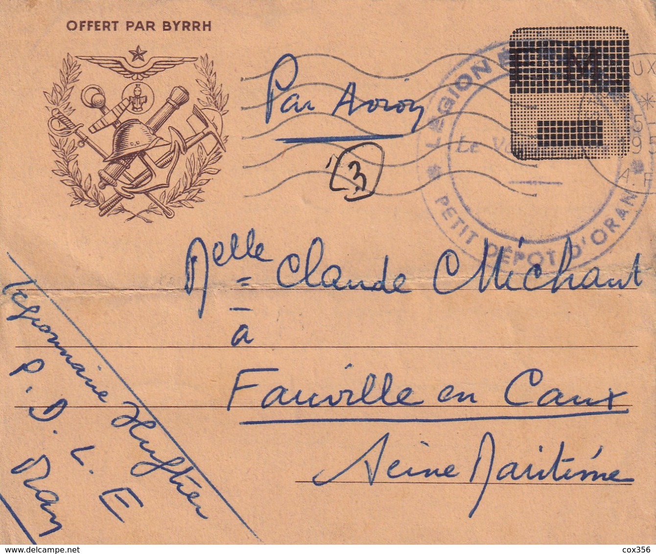 Correspondance Militaire Offert Par BYRRH D'un Légionnaire à ORAN  Vers FAUVILLE EN CAUX Timbre F.M 1956 - 1939-45
