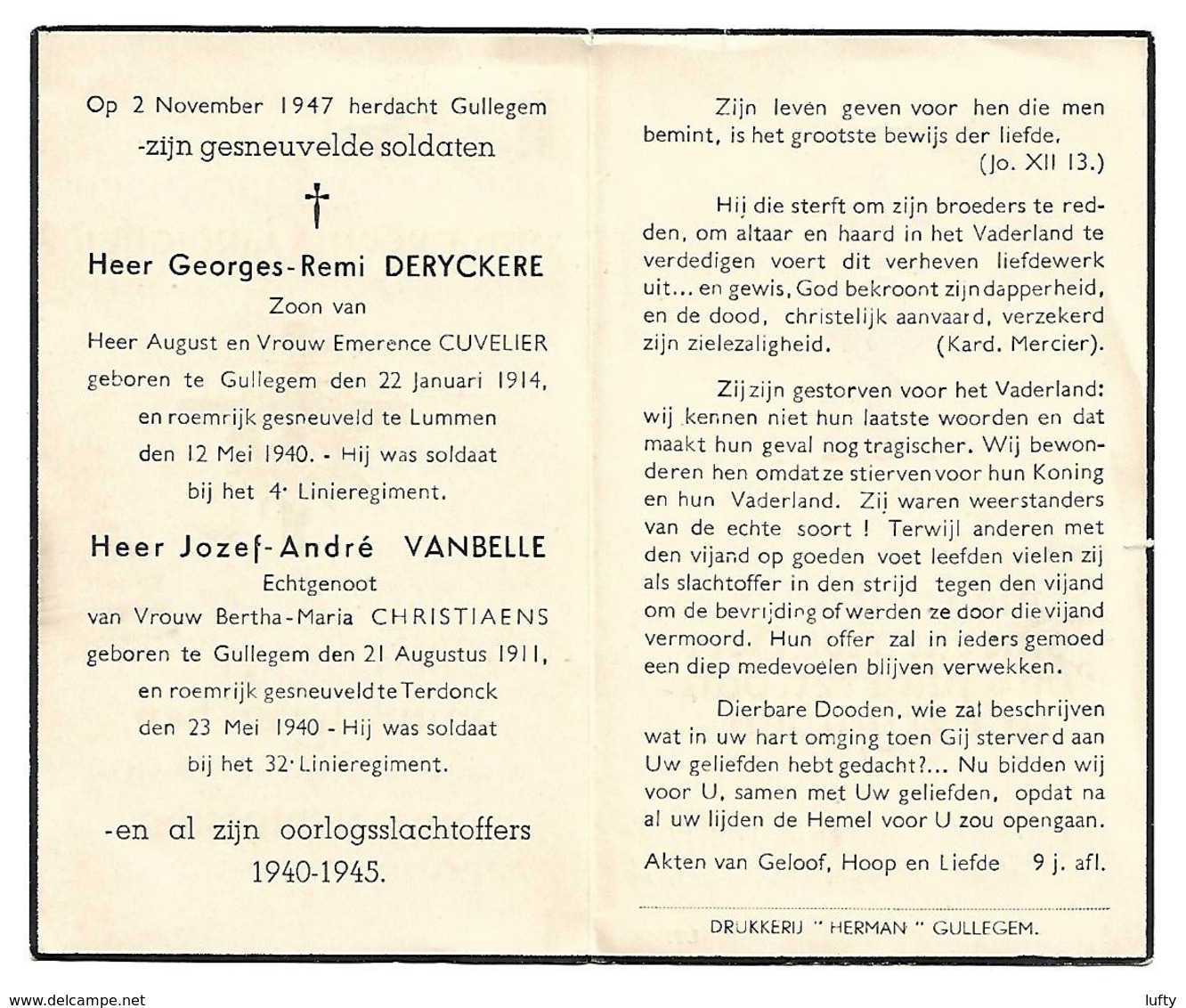 Gedachtenis 2 Gesneuvelde Soldaten Uit Gullegem - Georges DERYCKERE En Jozef VANBELLE - Mei 1940 - Décès