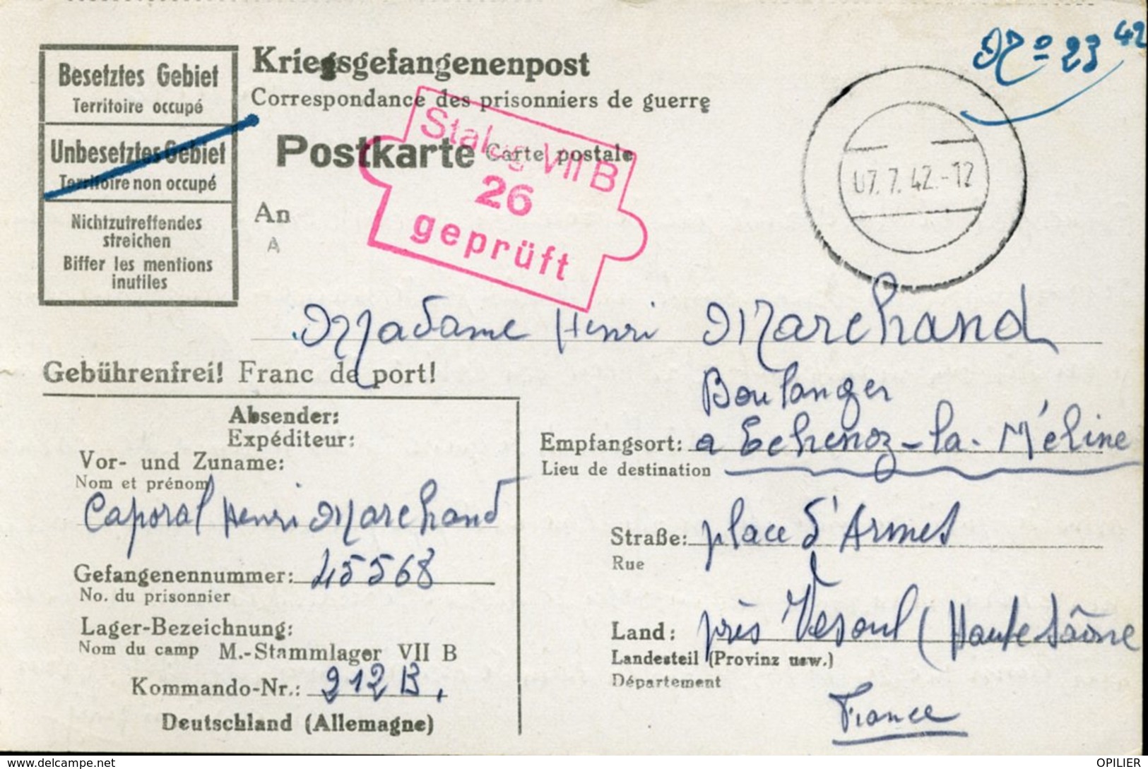 Prisonnier De Guerre STALAG VII B Carte 07 Juil 1941 Pour La Région De Vesoul Kriegsgefangenenpost Censure - Brieven En Documenten