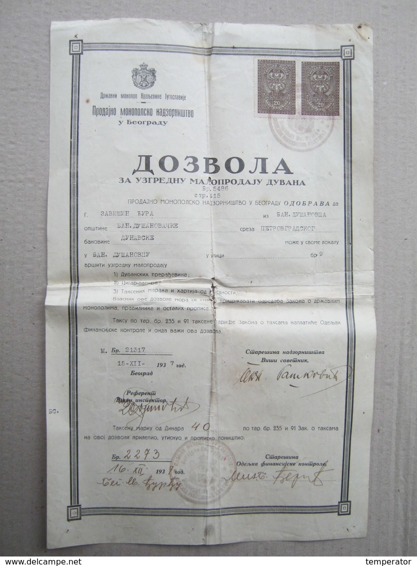 Tobacco Retail Permit - Kingdom Og Yugoslavia - Banatski Dušanovac - Petrovgrad, 1937. - Documents