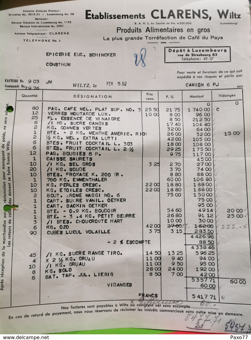 Facture, Établissement Clarens, Wiltz. 1952 - Luxembourg