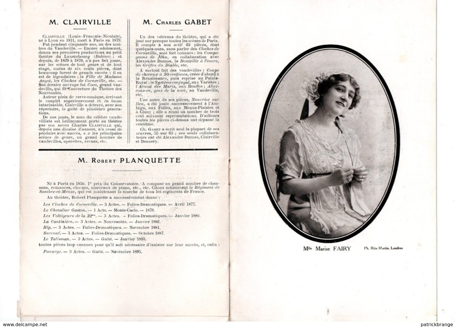 PROGRAMME . THÉÂTRE LYRIQUE DE LA GAÎTÉ . " LES CLOCHES DE CORNEVILLE ". ANGÈLE GRIL, M. CADIO - Réf. N° 23P - - Programmes