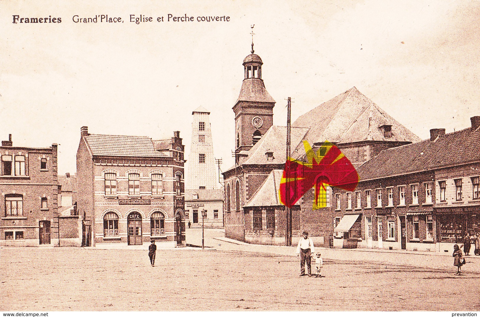 FRAMERIES - Grand'Place, Eglise Et Perche Couverte - Avec " Café Moderne " Sur L'angle - Circulée En 1935 - Frameries