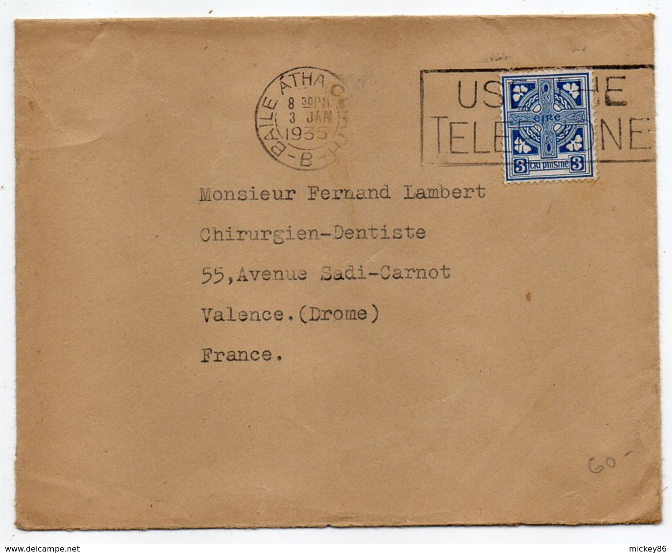 Irlande--Eire--1935--Lettre De BAILE ATHA CLIATH   Pour Valence (France) ......timbre Seul Sur Lettre - Storia Postale
