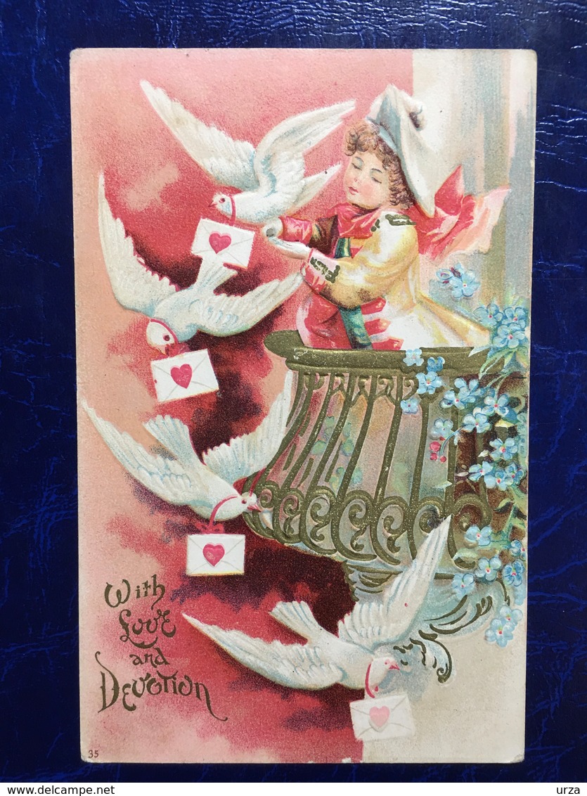 Embossed-gaufrée--"Jeune Amoureux Sur Balcon-lettres D'amour-courrier Pigeons Voyageurs"-(my Ref 662) - Valentine's Day