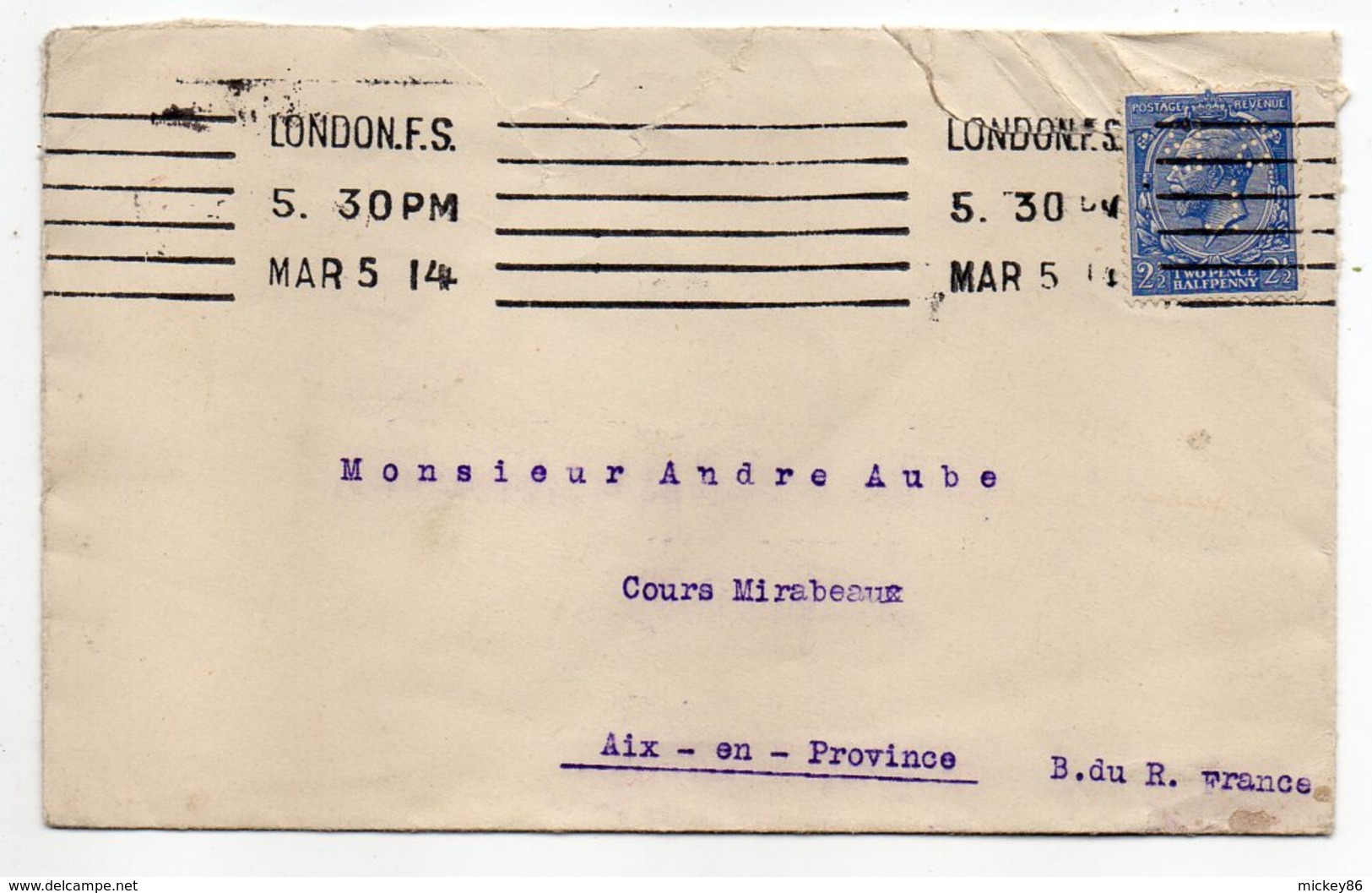 Grande Bretagne-1914--Lettre De LONDRES Pour AIX EN PROVENCE (France)....timbre Perforé  Seul Sur Lettre - Perforadas