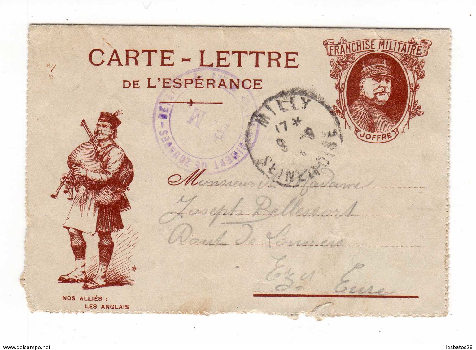 CARTE LETTRE DE L'ESPERANCE "nos Alliés : Les Anglais " POUR LA PATRIE -F M FRANCHISE MILITAIRE JOFFRE -JAN 2020 GERA - Lettres & Documents