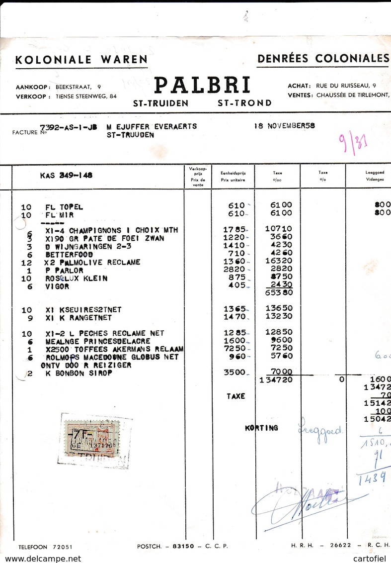 SINT-TRUIDEN-FACTUUR-1958-PALBRI-KOLONIALE WAREN-DENREES COLONIALES-BEEKSTRAAT+TIENSE STEENWEG-TAKSZEGELS-MOOI ! ! - 1950 - ...