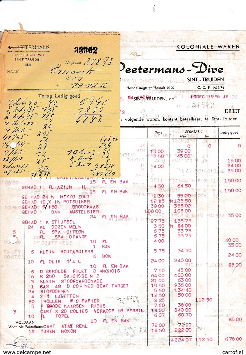 SINT-TRUIDEN-FACTUUR-1956-AUG.PEETERMANS-DIVE-LEOPOLDLAAN-KOLONIALE WAREN-KOFFIES-TAKSZEGELS-MOOI-ZIE 2 SCANSI ! ! - 1950 - ...