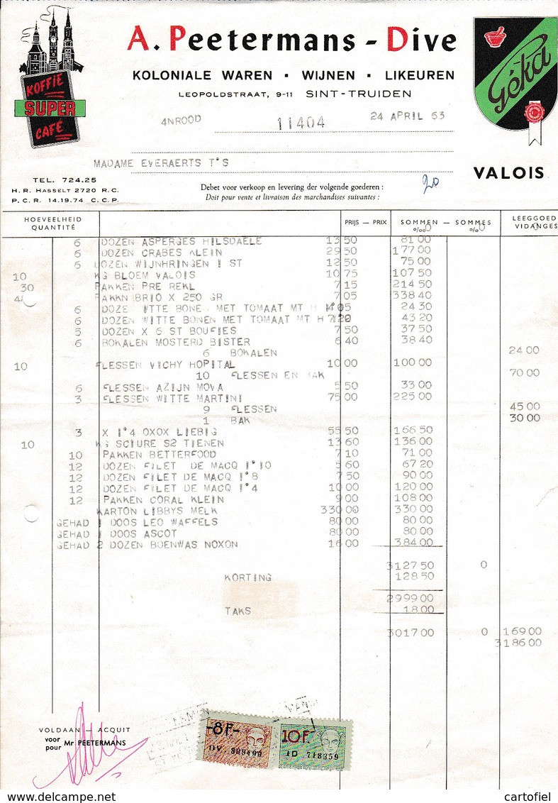 SINT-TRUIDEN-FACTUUR-1963-A.PEETERMANS-DIVE-LEOPOLDLAAN-KOLONIALE WAREN-KOFFIES-WIJN+LIKEUREN-VALOIS-TAKSZEGELS-MOOI ! ! - 1950 - ...