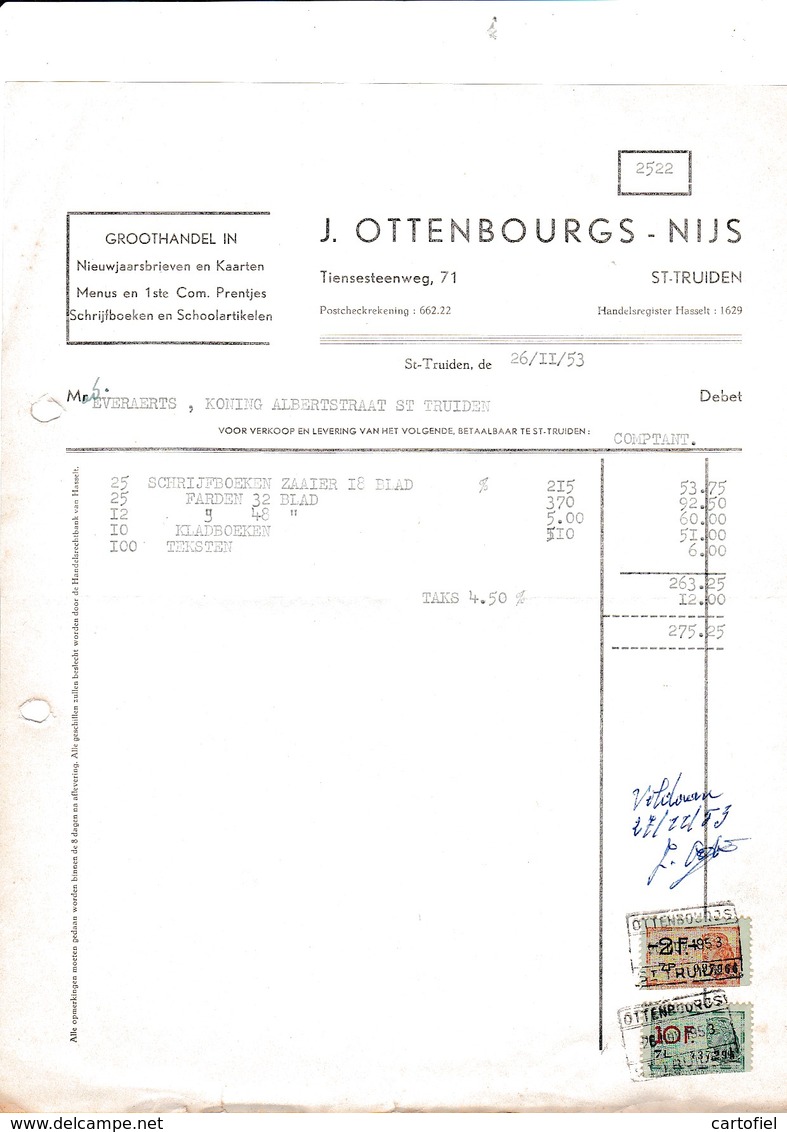 SINT-TRUIDEN-FACTUUR-1953-JULIEN OTTENBOURGS-NIJS-TIENSE STEENWEG-PAPETERIE-GROOTHANDEL-TAKSZEGELS-MOOI ! ! - 1950 - ...