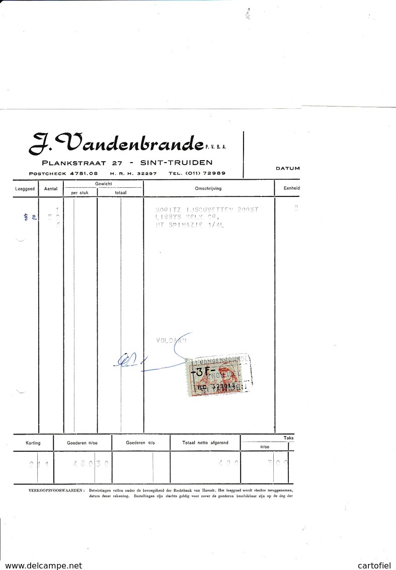 SINT-TRUIDEN-FACTUUR-1963-AJ.VANDENBRANDE-PLANKSTRAAT-GROOTHANDEL IN SUIKERWAREN-CHOCOLADE-TAKSZEGELS-MOOI ! ! ! - 1950 - ...