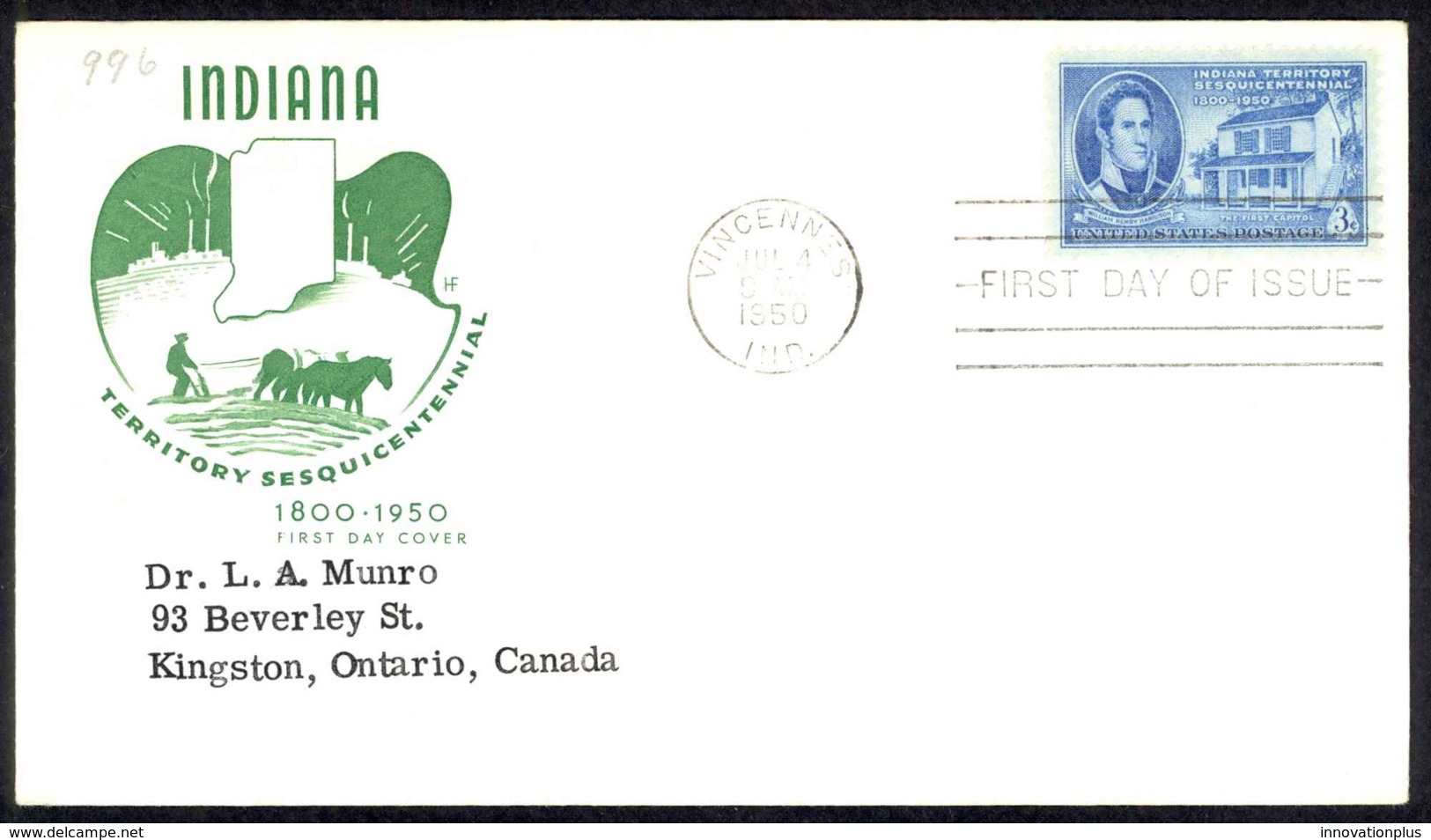 USA Sc# 996 (cachet) FDC (a) (Vincennes, IN) 1950 7.4 Indiana Territory 150th - 1941-1950